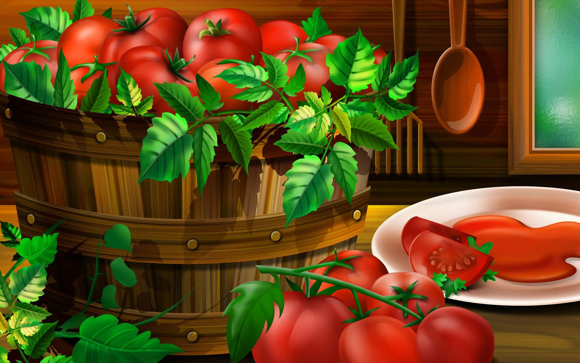 Food Basket With Healthy Tomatoes Background