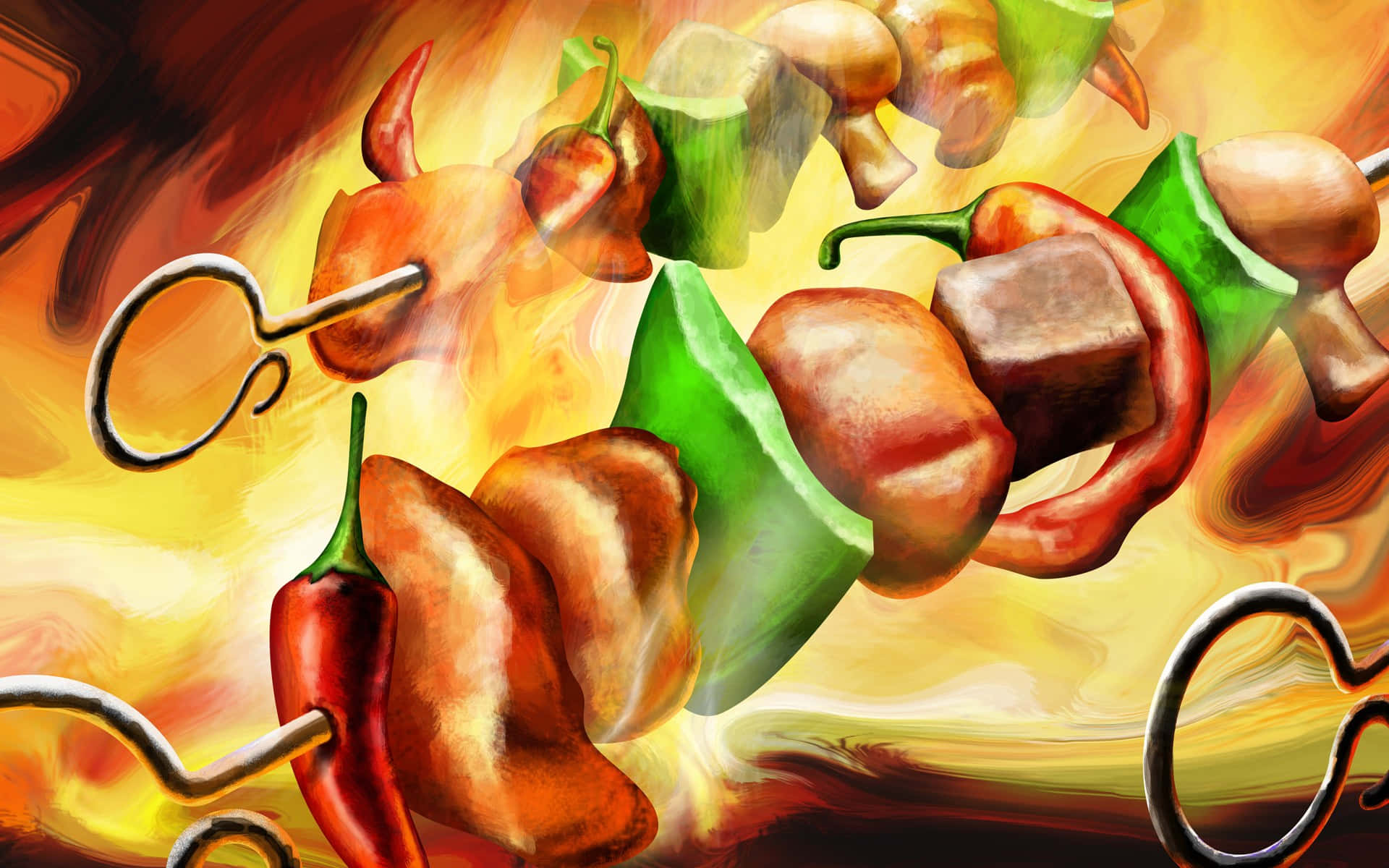 A Painting Of Skewers On Fire