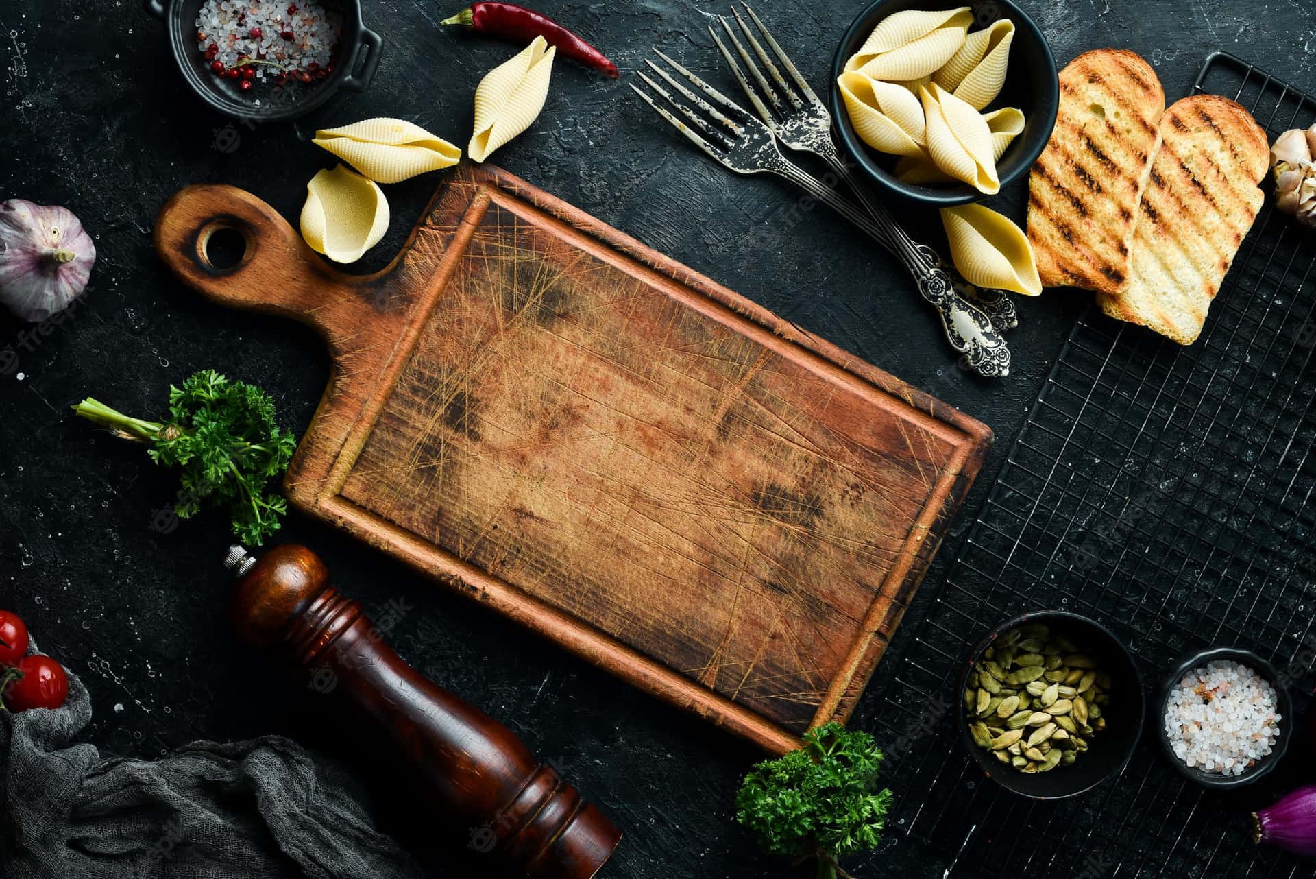 Food Table With Cutting Board Wallpaper