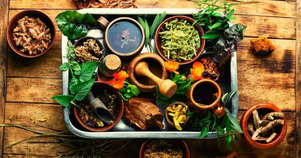 Food Table With Tray Of Herbs Wallpaper
