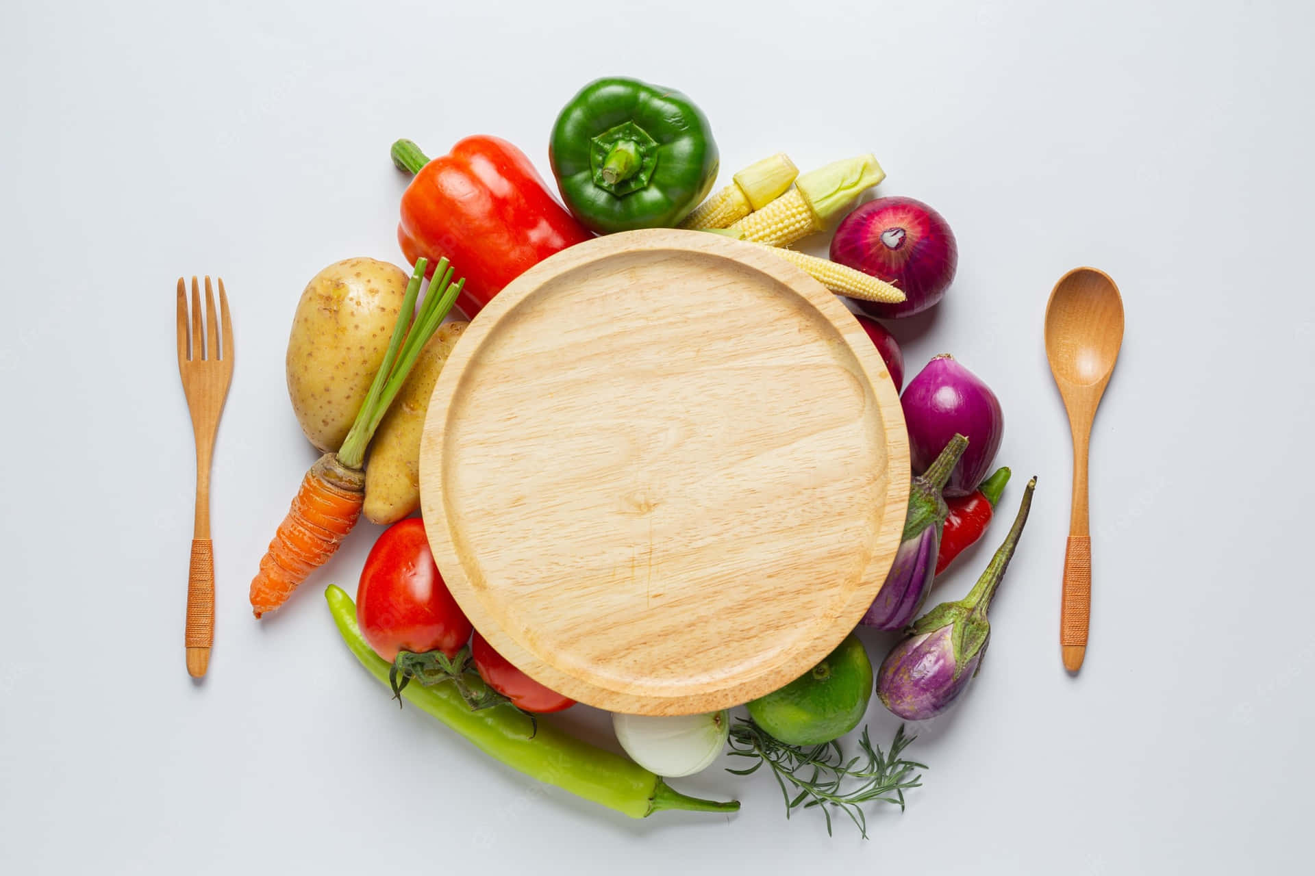 A Wooden Plate With Vegetables And Forks On A White Background Wallpaper