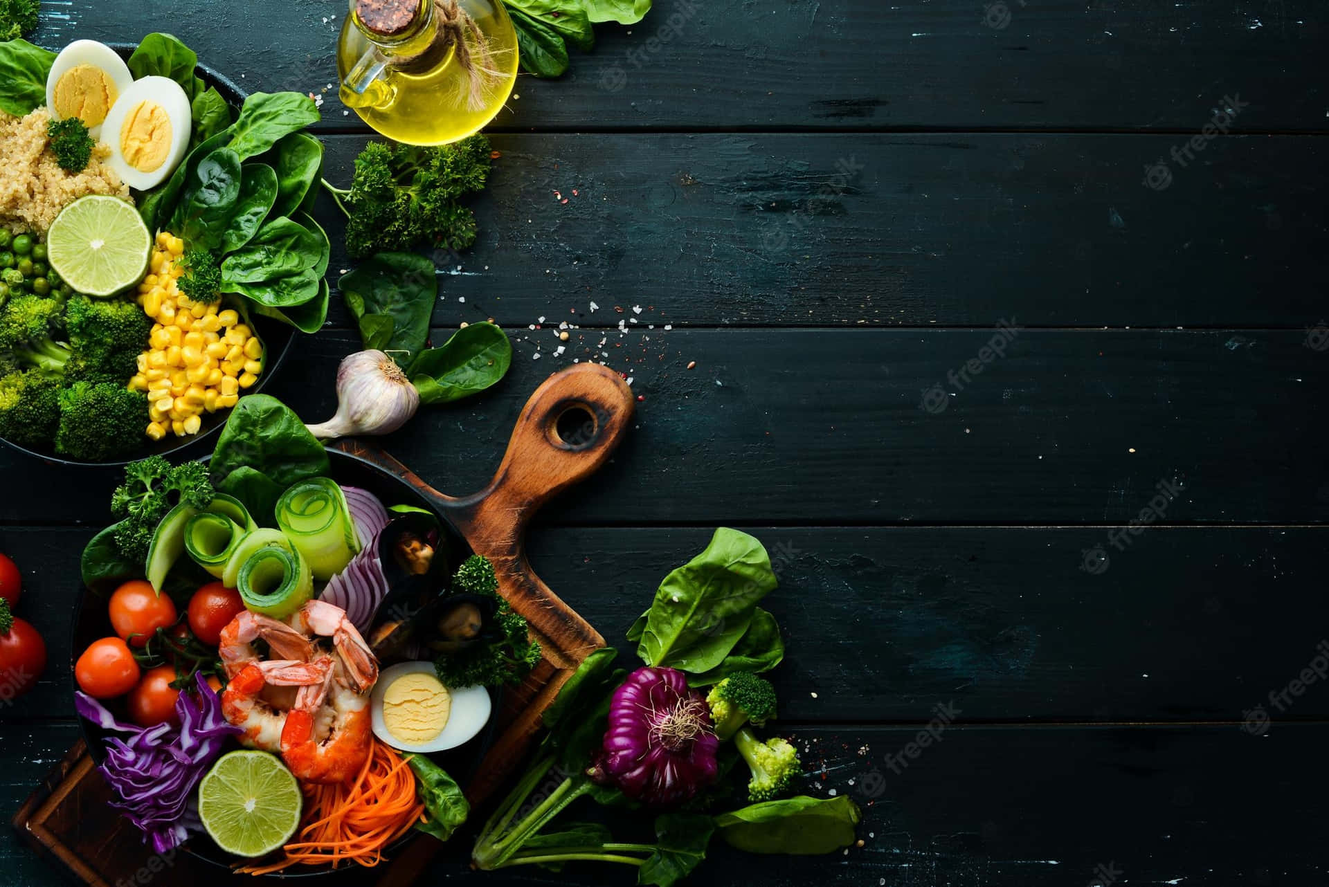 Friske grøntsager og frugter på et træbord Wallpaper