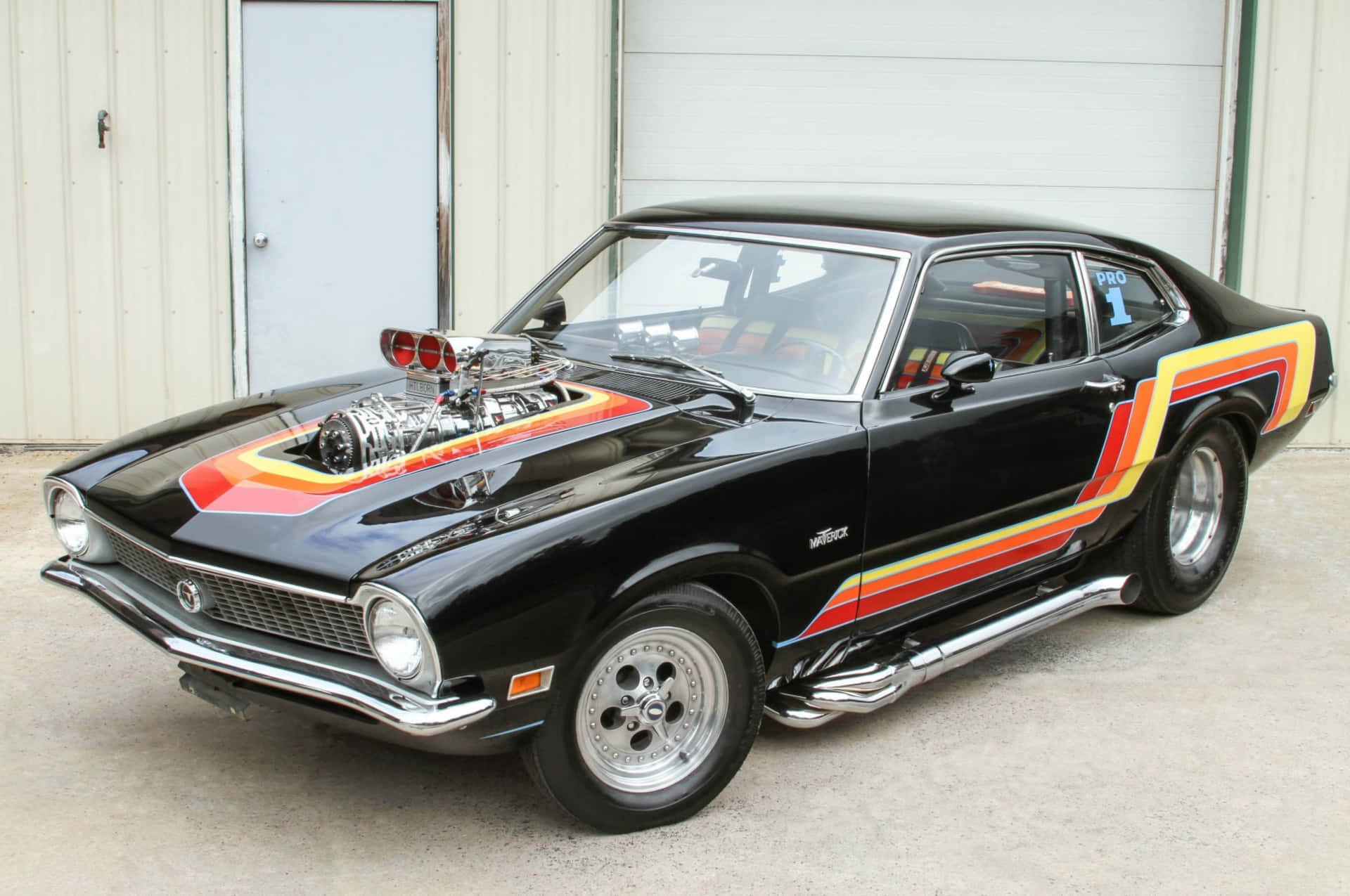 A Black And Red Muscle Car With A Red And Yellow Stripe