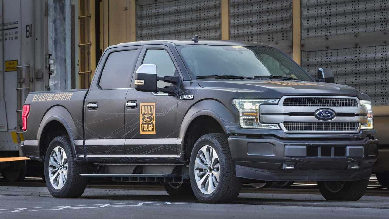The Ford F - 150 Is Parked In Front Of A Train