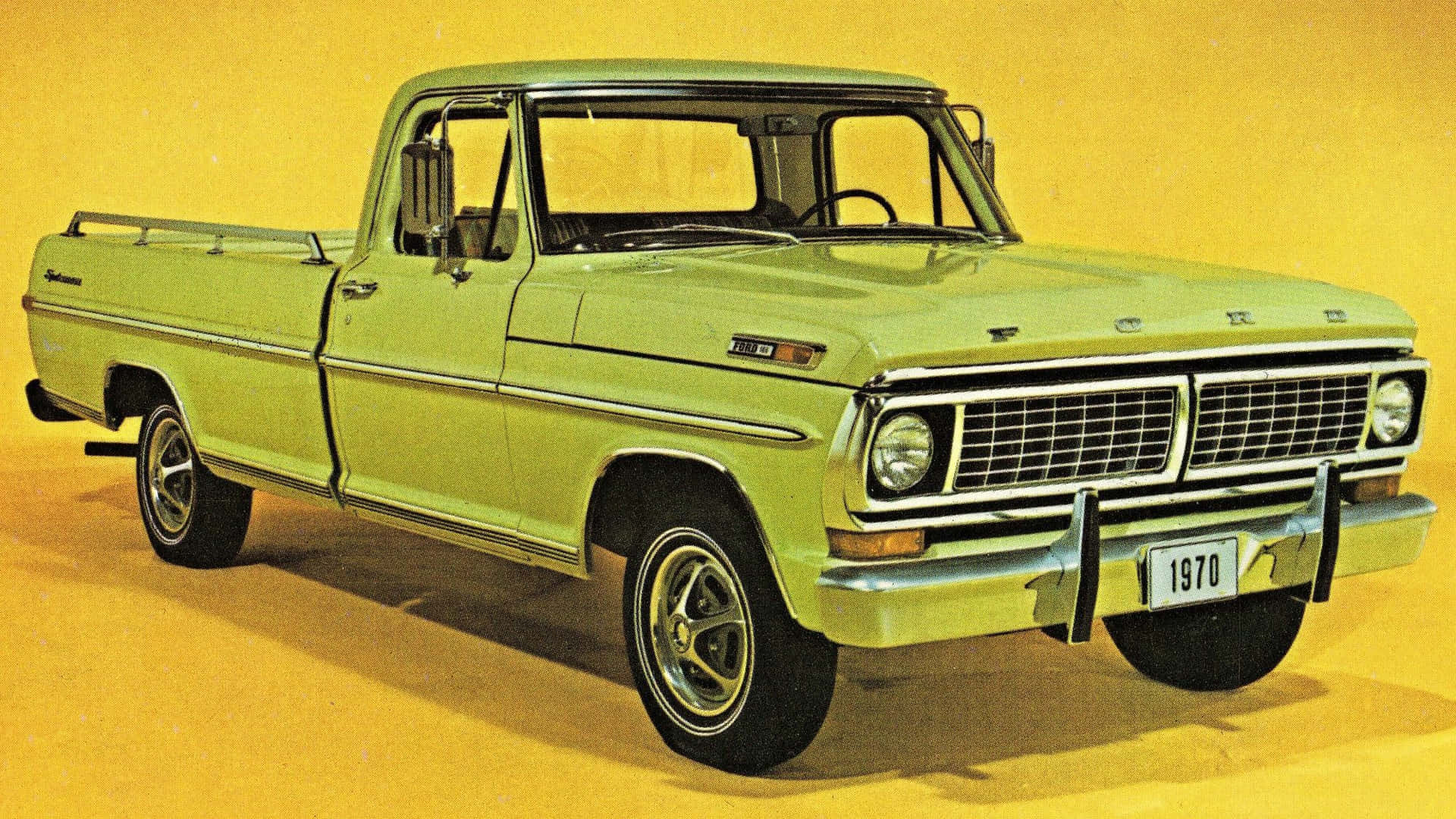A Green Ford Pickup Truck Is Shown In A Yellow Background