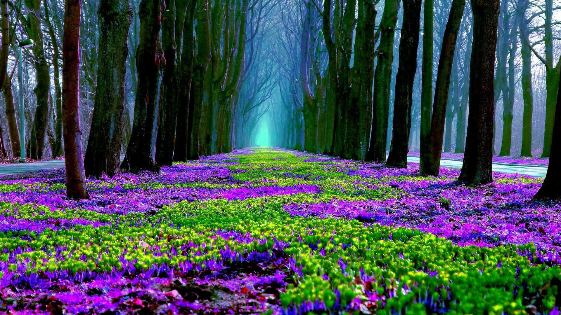 a purple and green path lined with trees