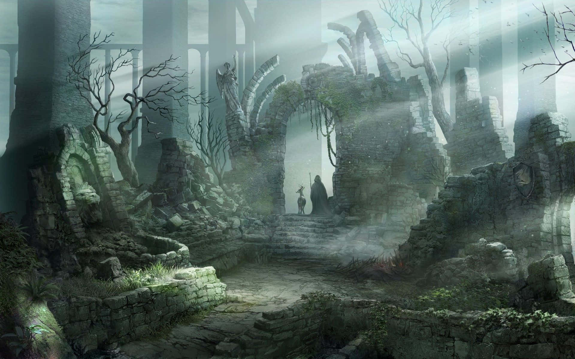 a fantasy scene with a ruined castle and trees