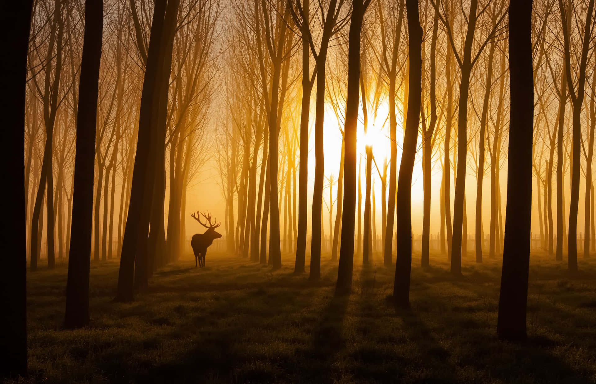 a deer in a foggy forest at sunrise