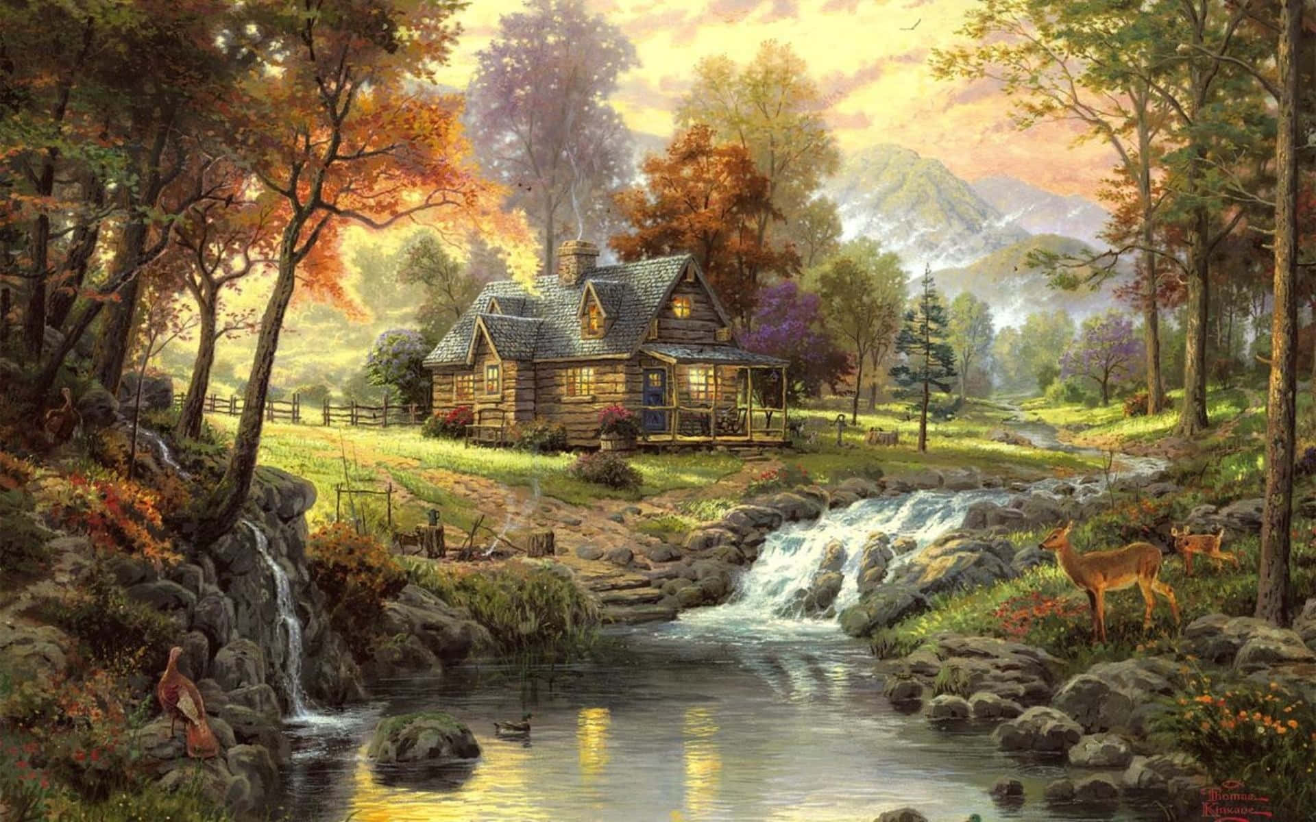 Forest Cabin Painting Relaxing Wallpaper