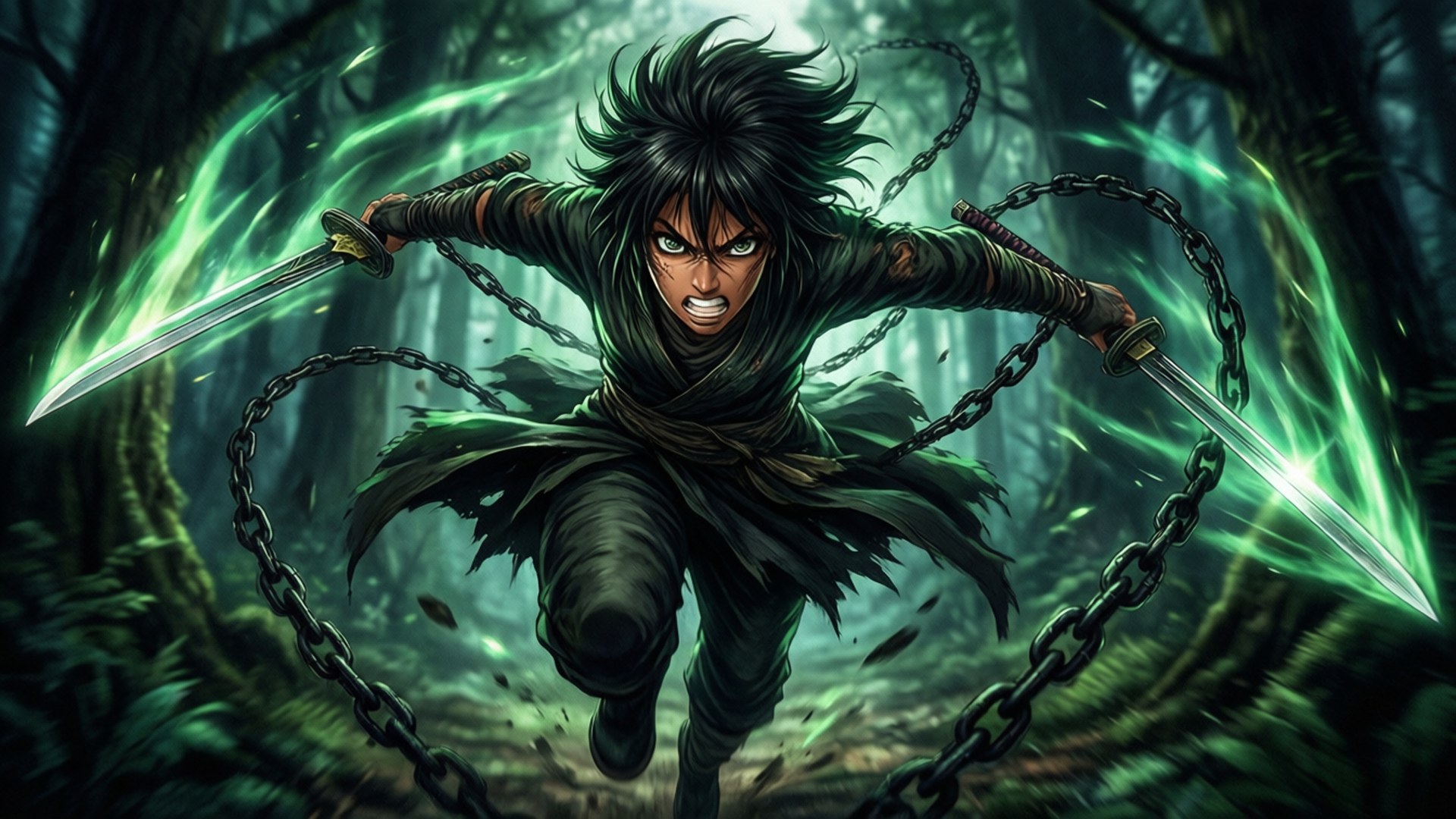 Asta sprinting through a dark forest with swords and chains.