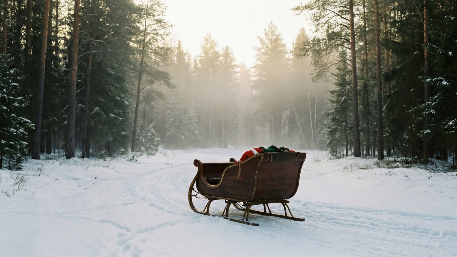 A serene morning scene of Santa's sleigh resting in a snowy forest clearing.