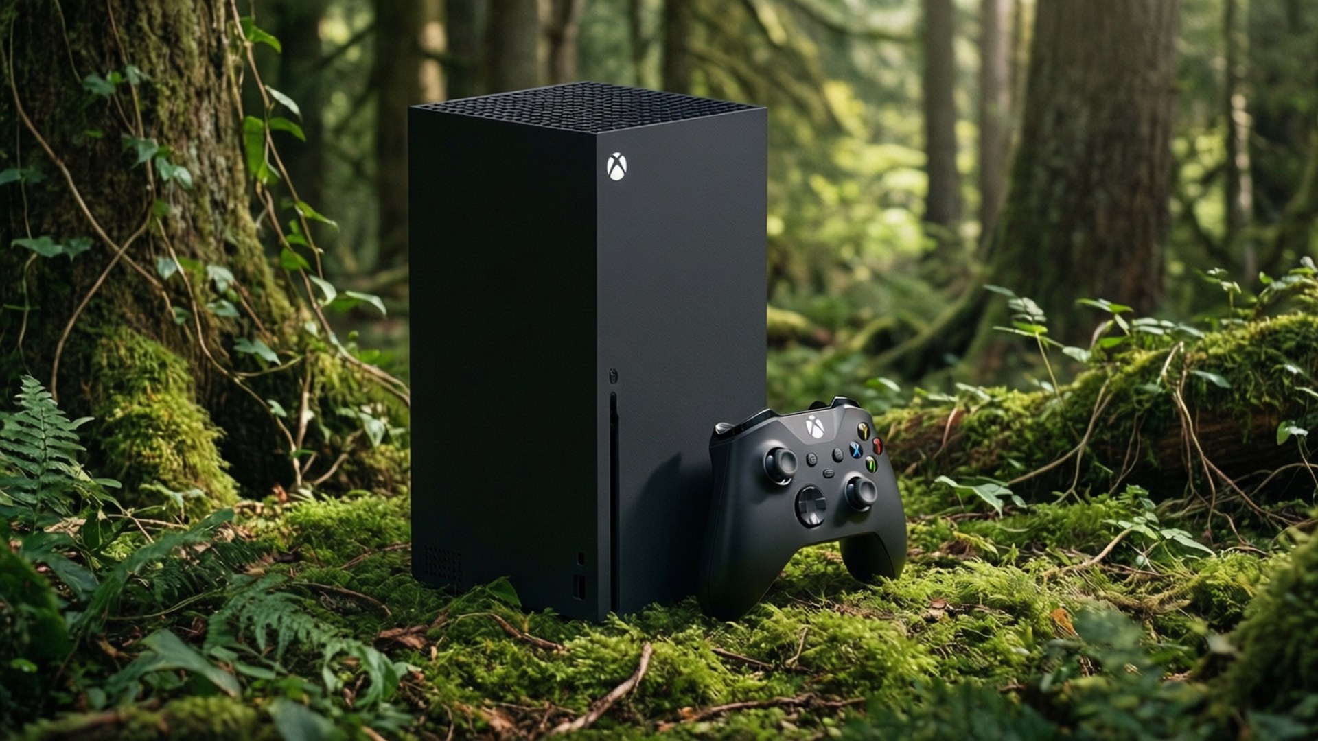 Xbox Series X in una foresta con muschio