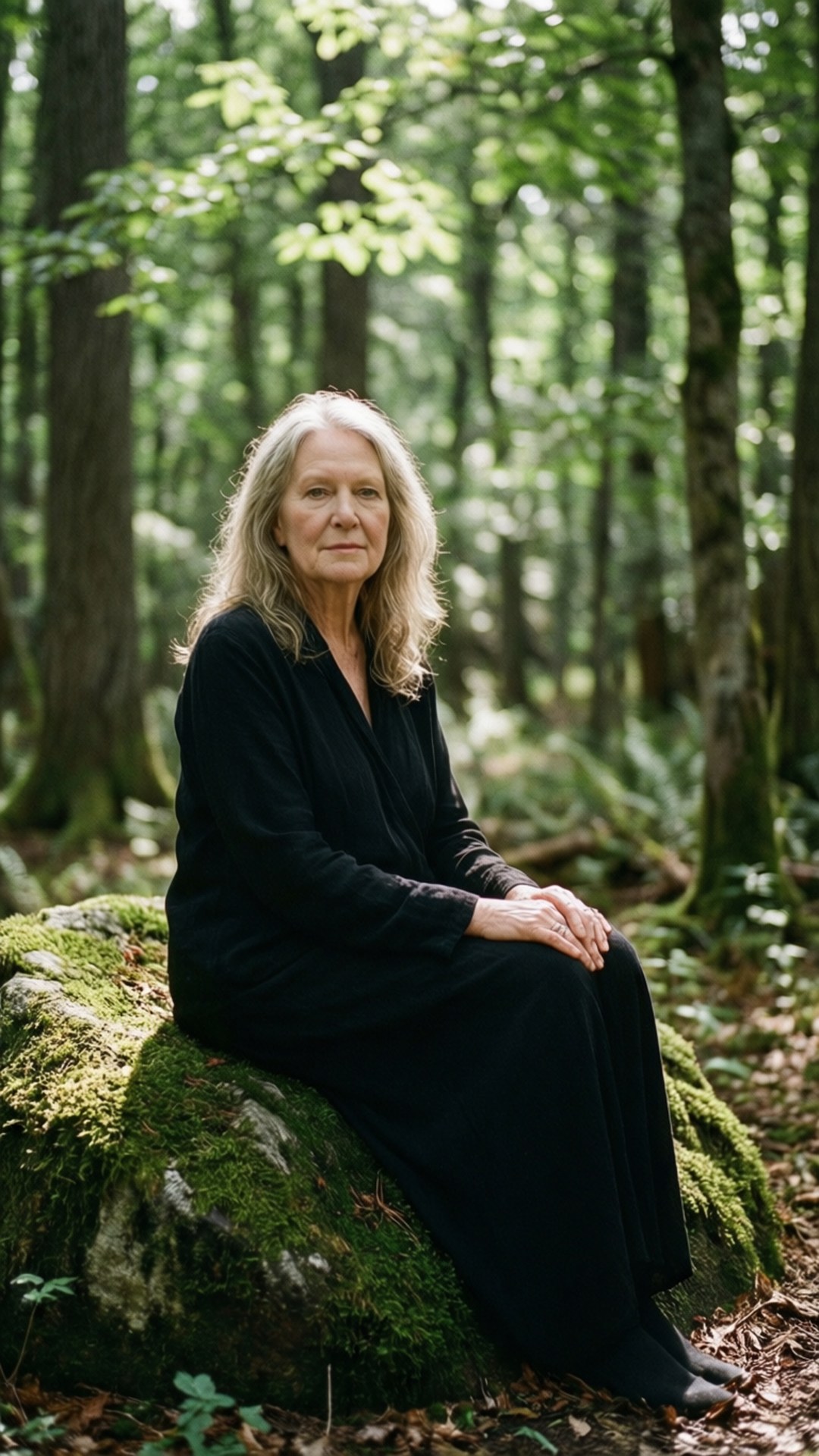 Marianne Williamson sitter i en skog, fredfull og reflekterende.