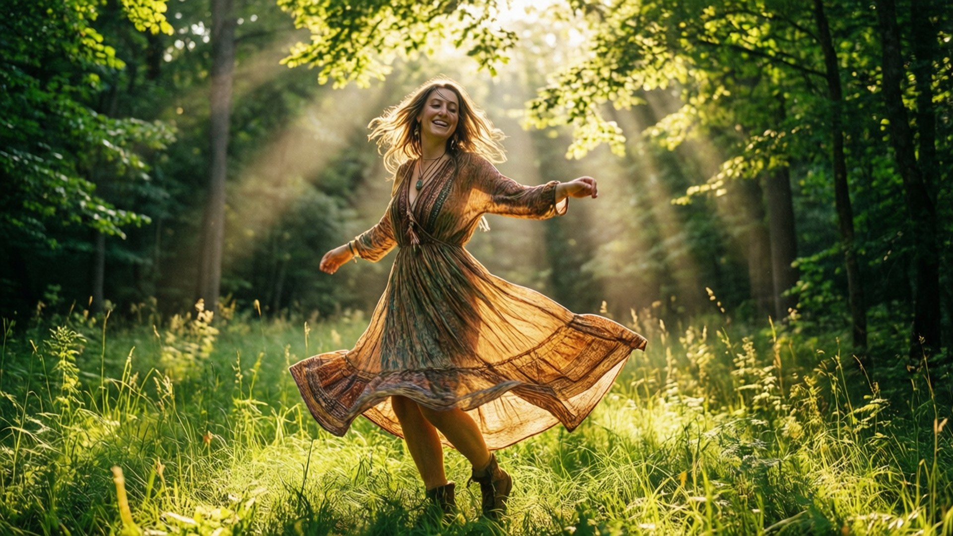 Sarah Jeffery dansar i en solbelyst skogsglänta.