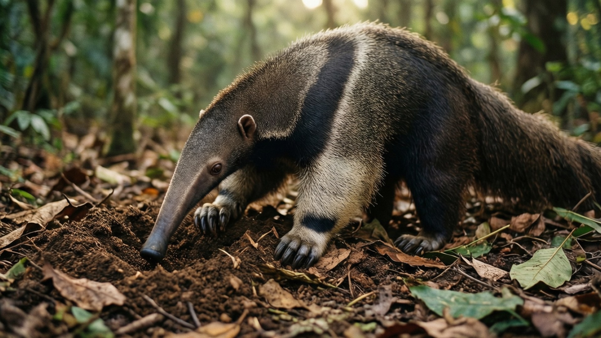 Tamandua gräver i lövförna på skogsgolvet.