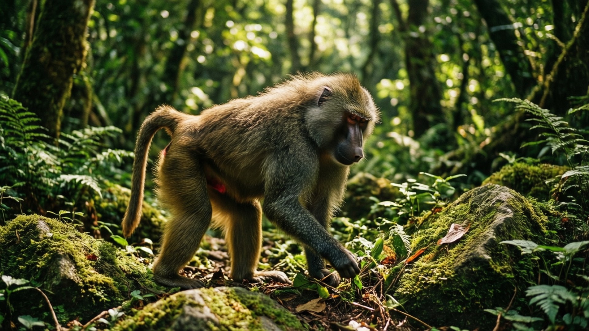 Baboon searching for food in a lush green forest with dappled light.