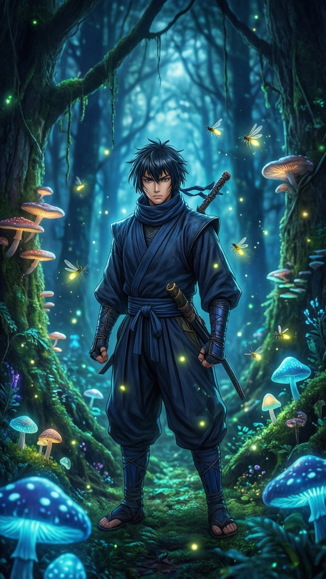 Ninja Hattori in una foresta mistica con funghi luminosi