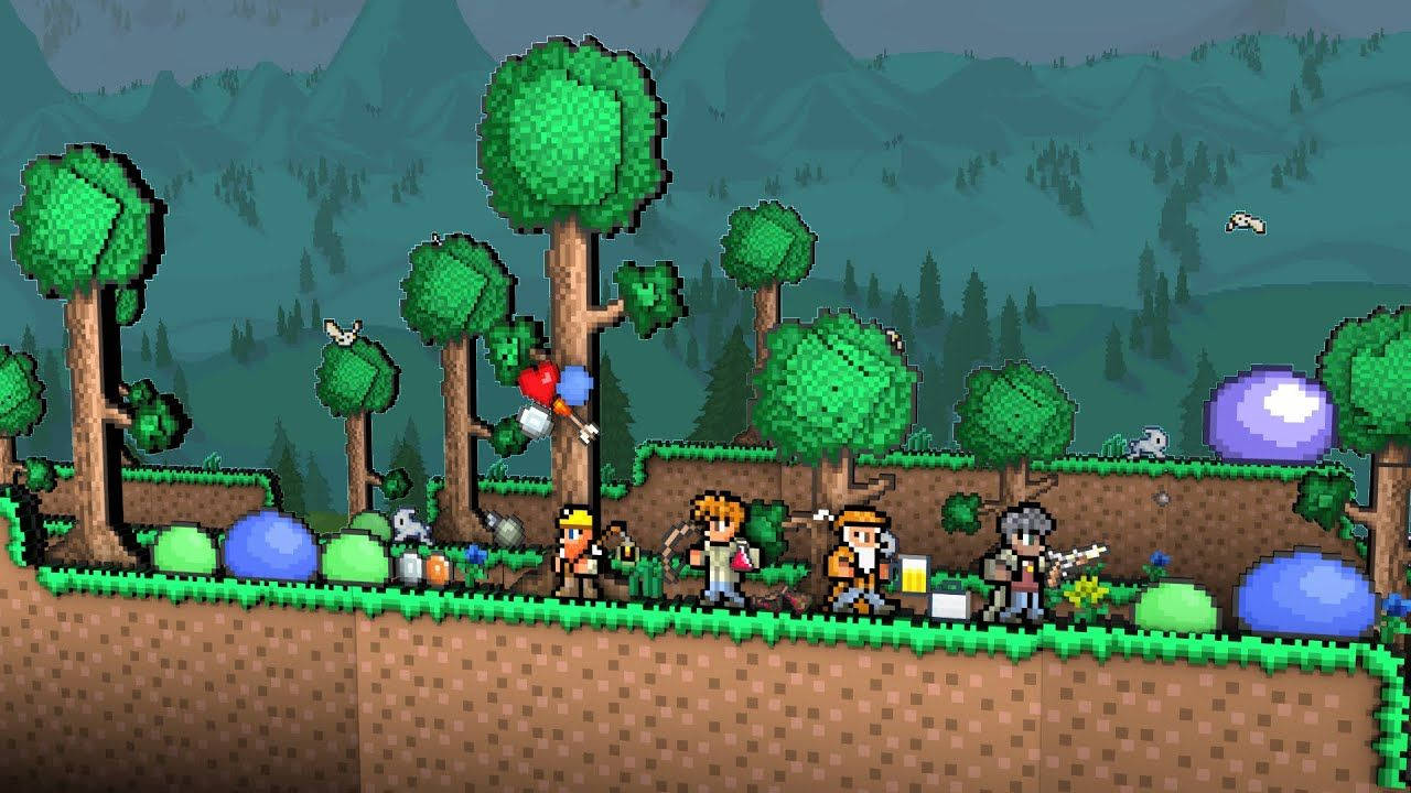 A glimpse of the lush mountainous forests of the Terraria biomes Wallpaper