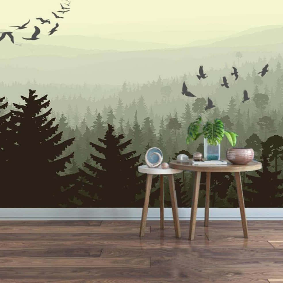 Forest_ Mural_with_ Table_ Setup Wallpaper