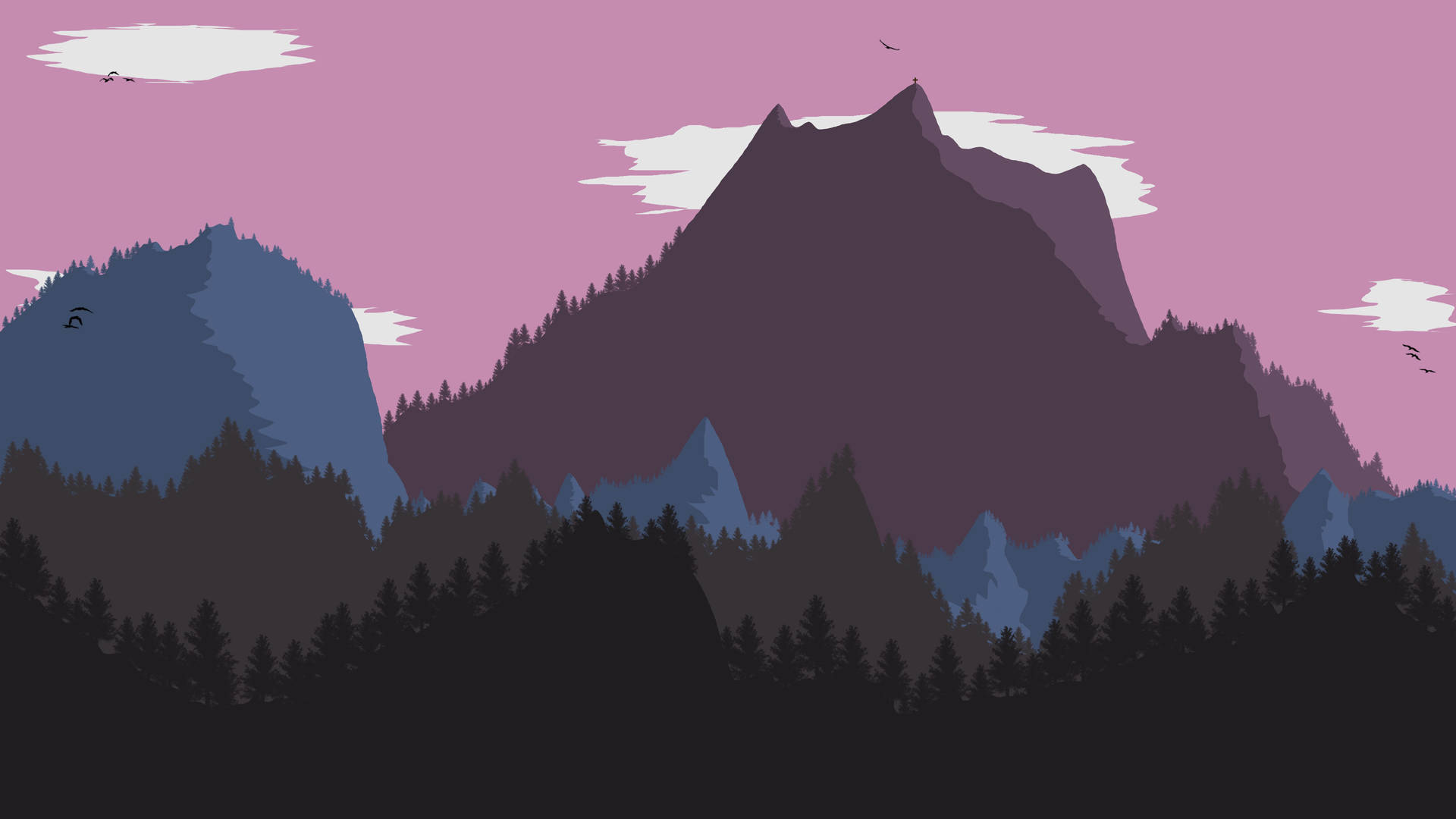 Escape into a dreamlike atmosphere featuring a forest silhouette on a pink sky. Wallpaper
