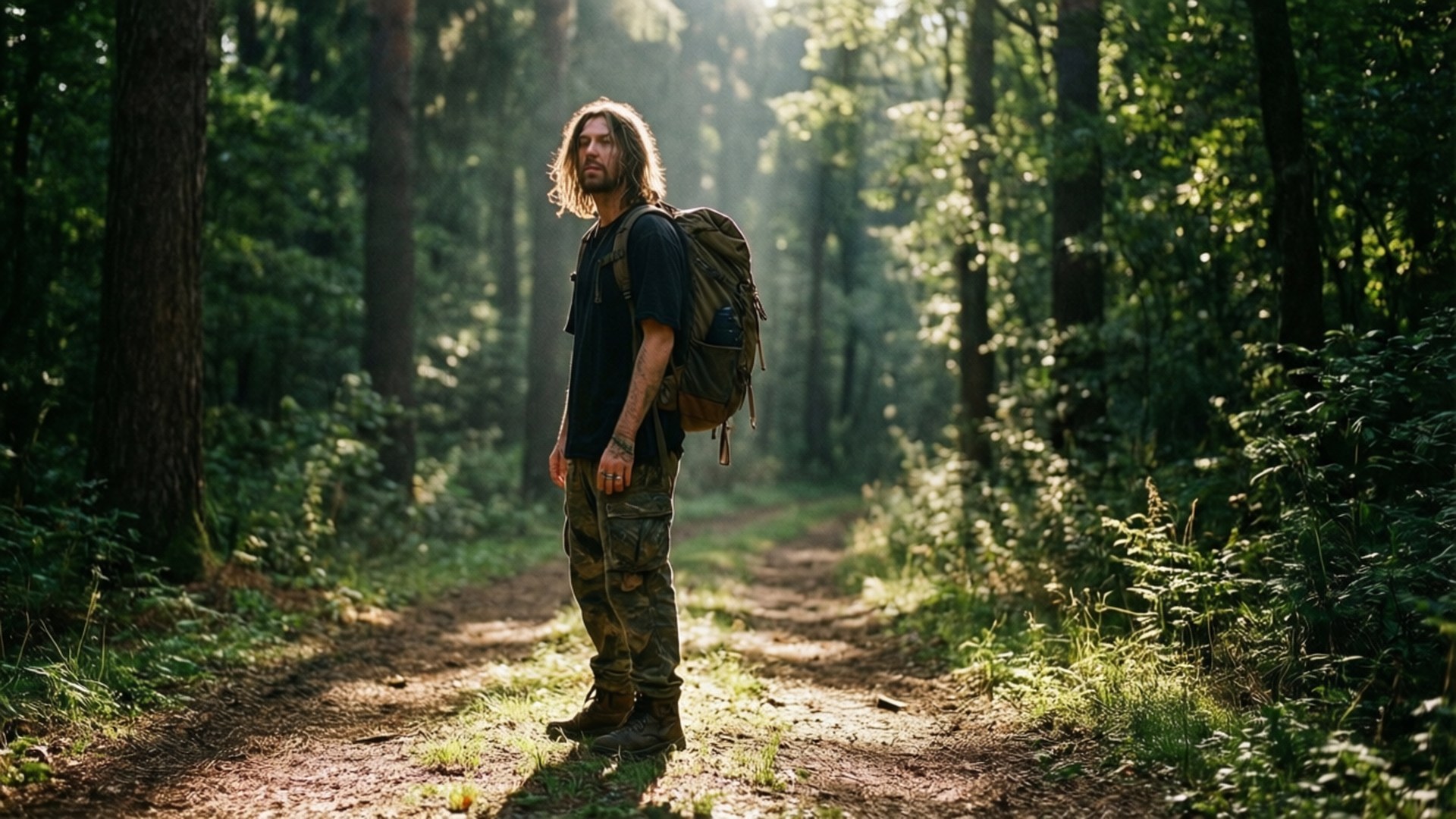 Chemin forestier Fonds d'écran — Lost Frequencies marchant sur un chemin forestier ensoleillé, aventure en pleine nature.
