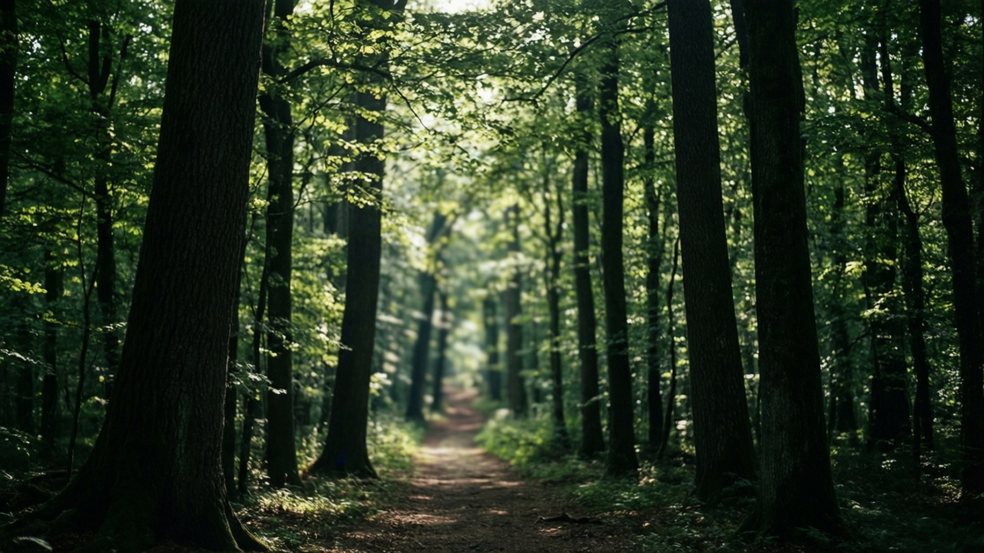 Chemin forestier dense avec rayons de soleil, effet de profondeur.