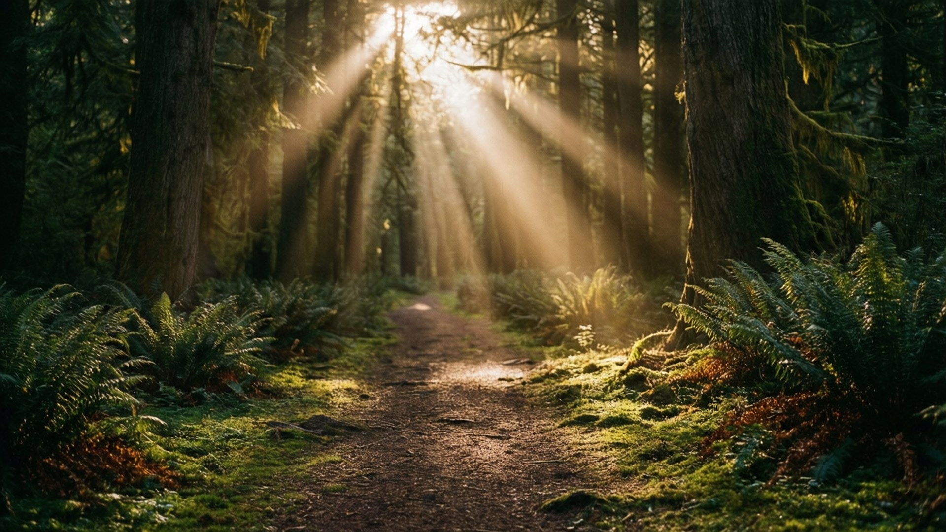 A magical forest path with sunbeams in the morning.