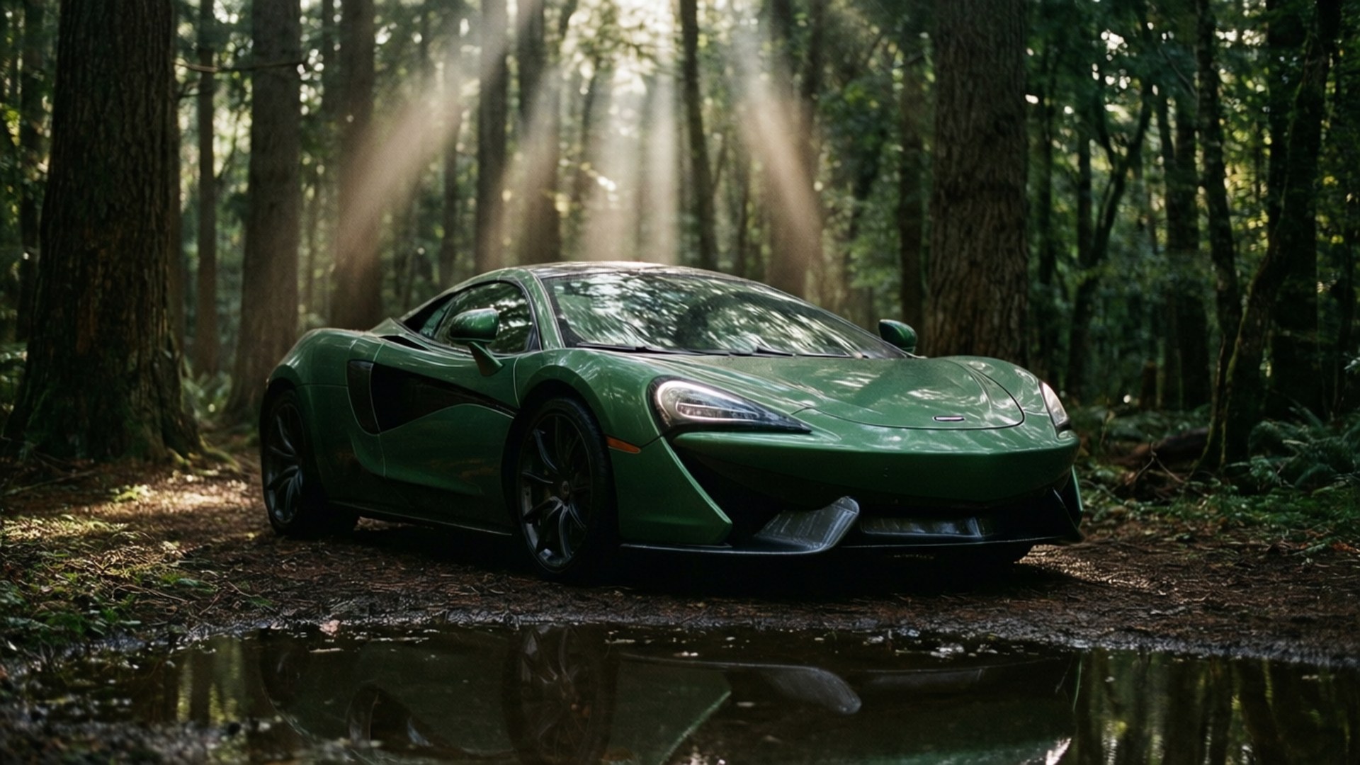 Grønn McLaren 540C i skogen med solstråler.