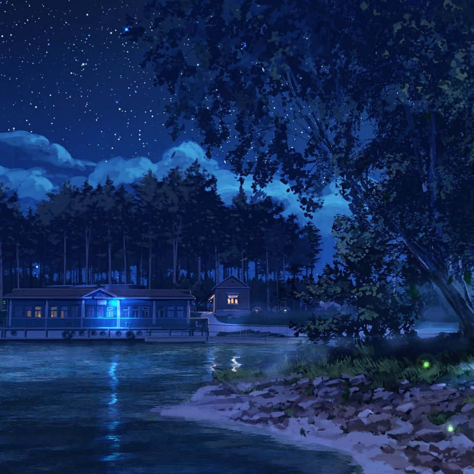 Waldfluss Haus Nacht Anime Wallpaper