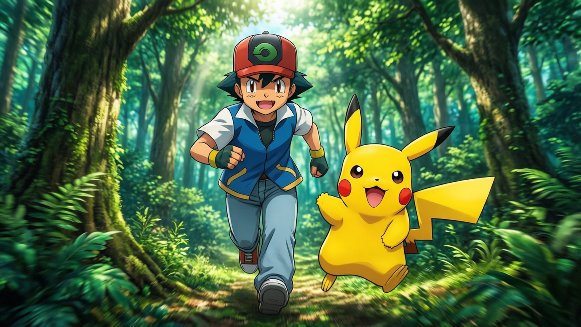 Ash og Pikachu nyter en løpetur gjennom en solfylt skog