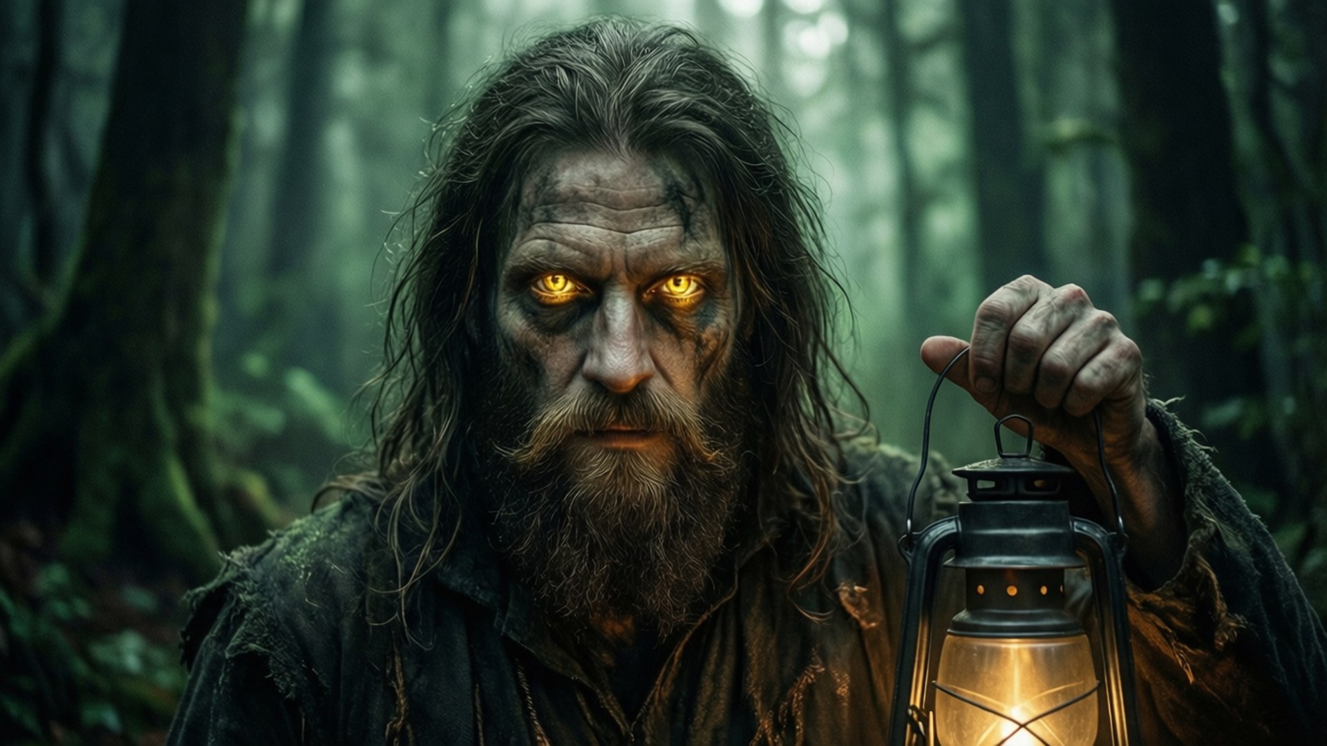 Gilbert Nightray di hutan berkabut dengan lentera, mata emas bersinar.