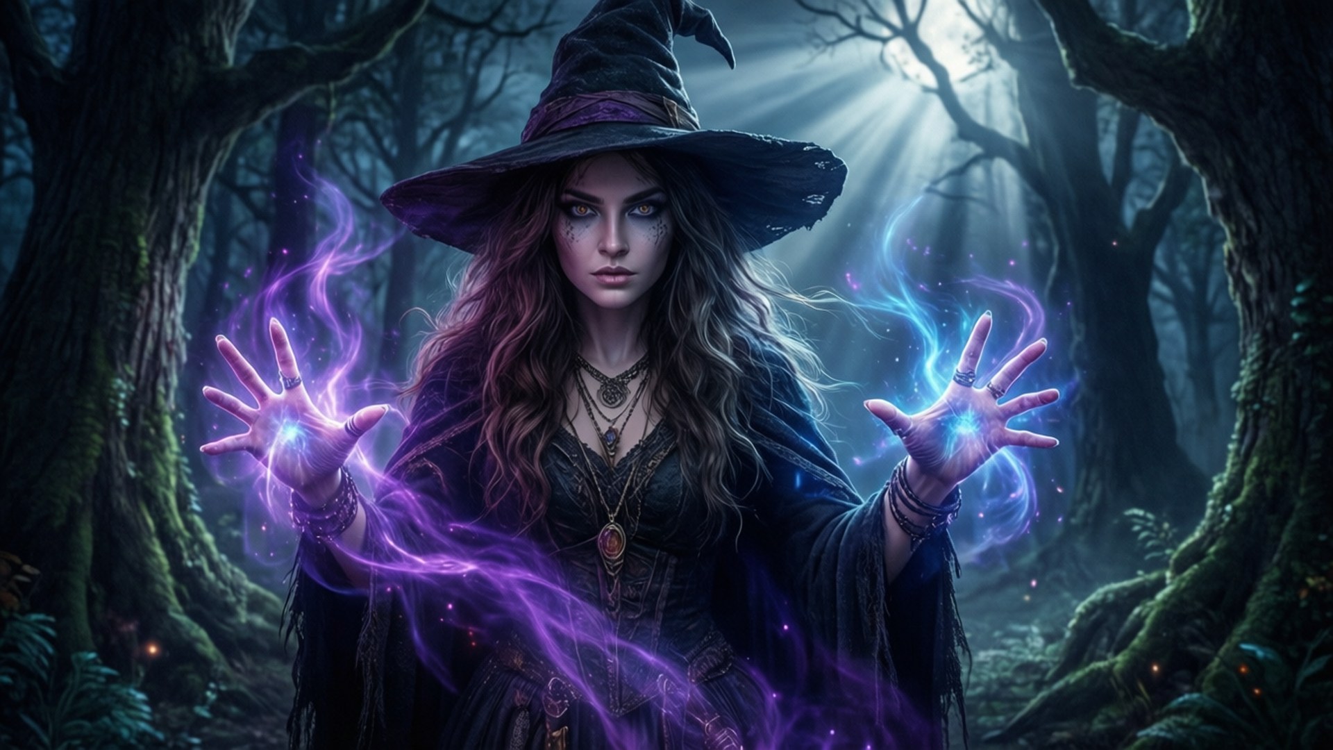 A witch channels glowing magic in a moonlit forest.