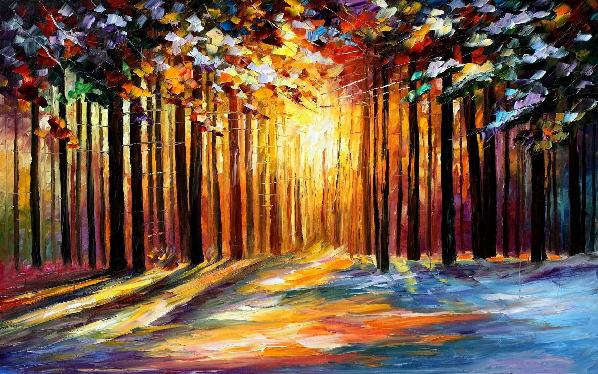 Forest Sunset Painting Desktop Wallpaper