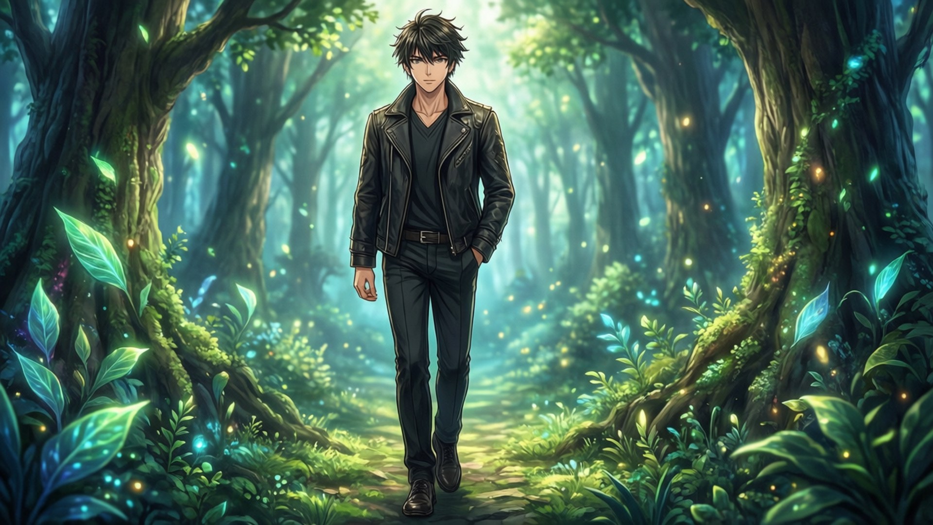 Young man in leather jacket walking through glowing enchanted forest.