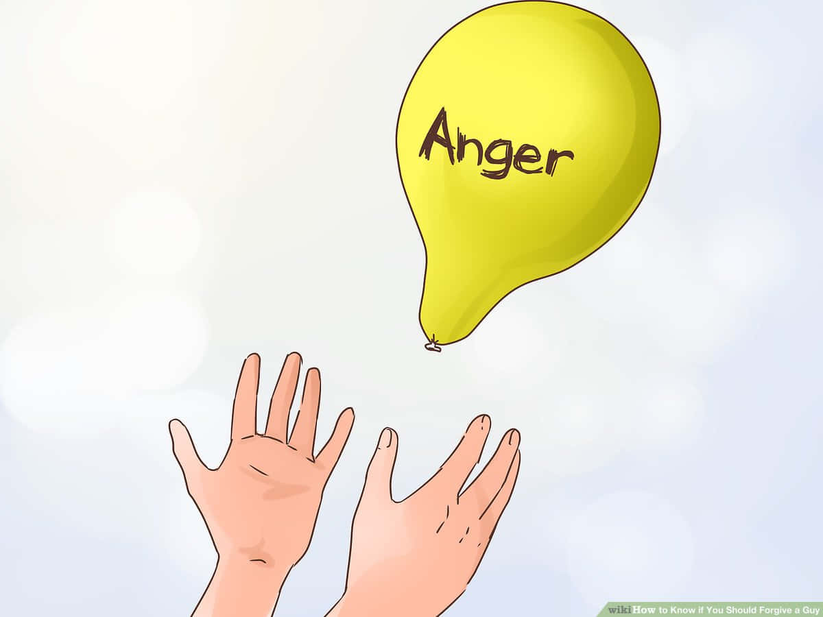 A Person's Hands Reaching For A Yellow Balloon With The Word Anger