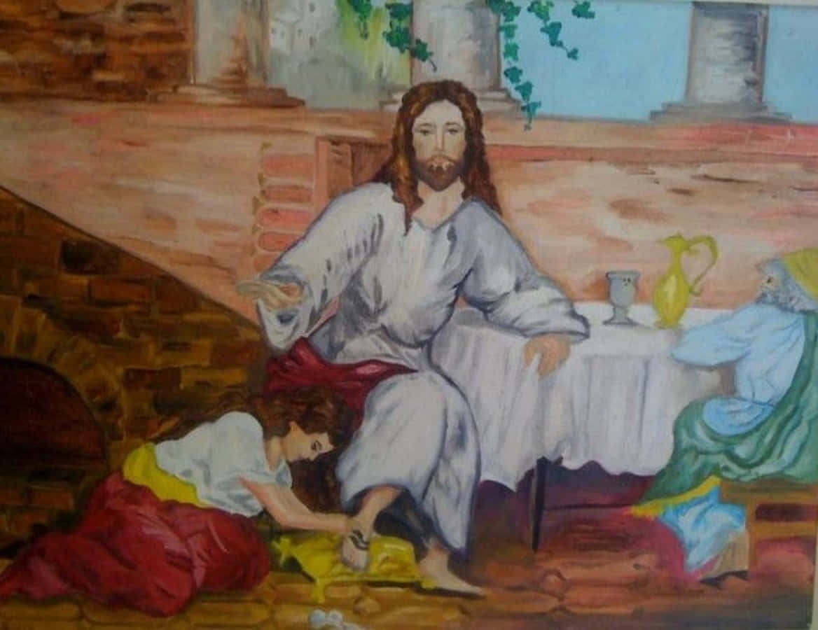 Gesùseduto Al Tavolo Con Due Bambini.