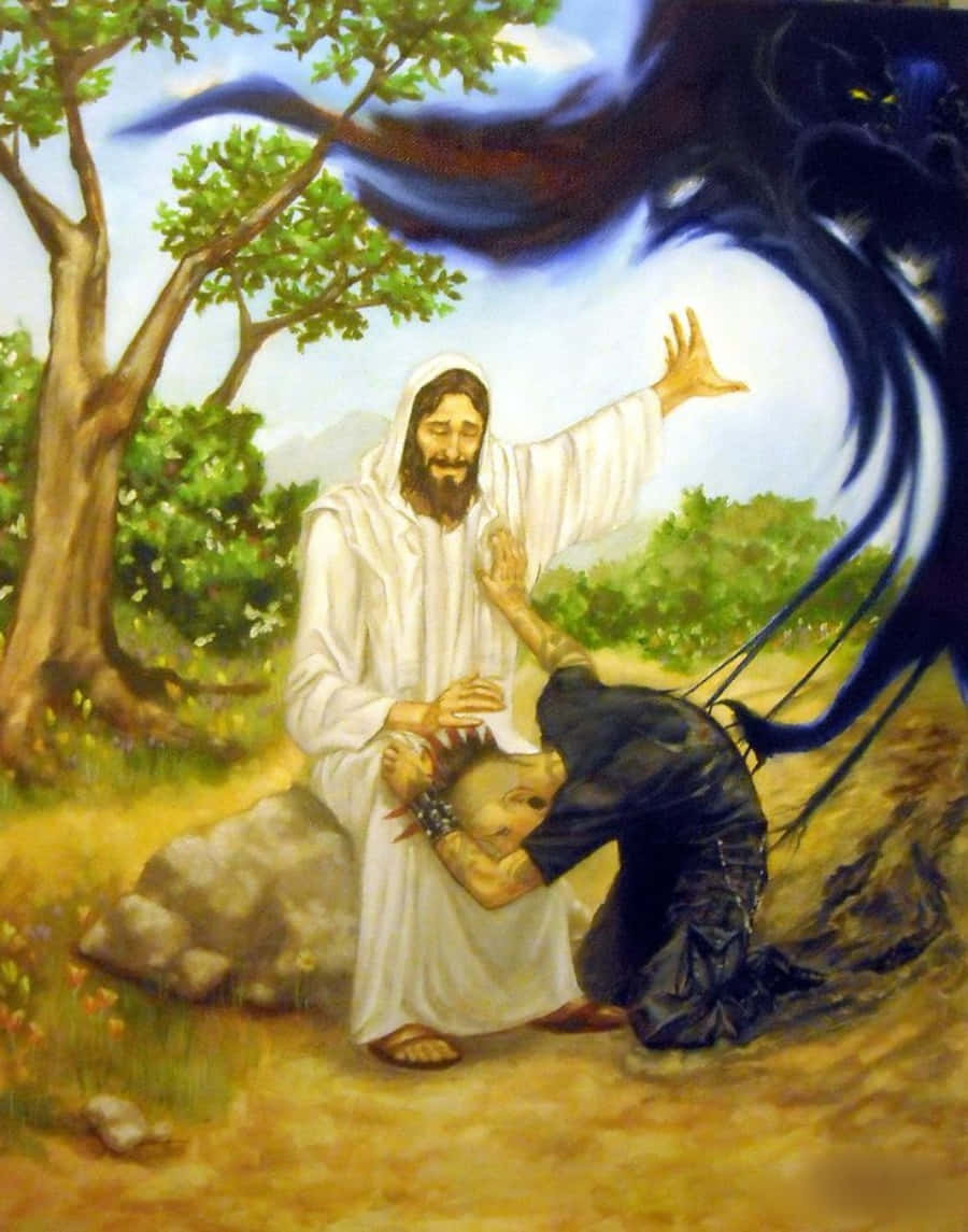 Jesus Is Kneeling Down In Front Of A Tree