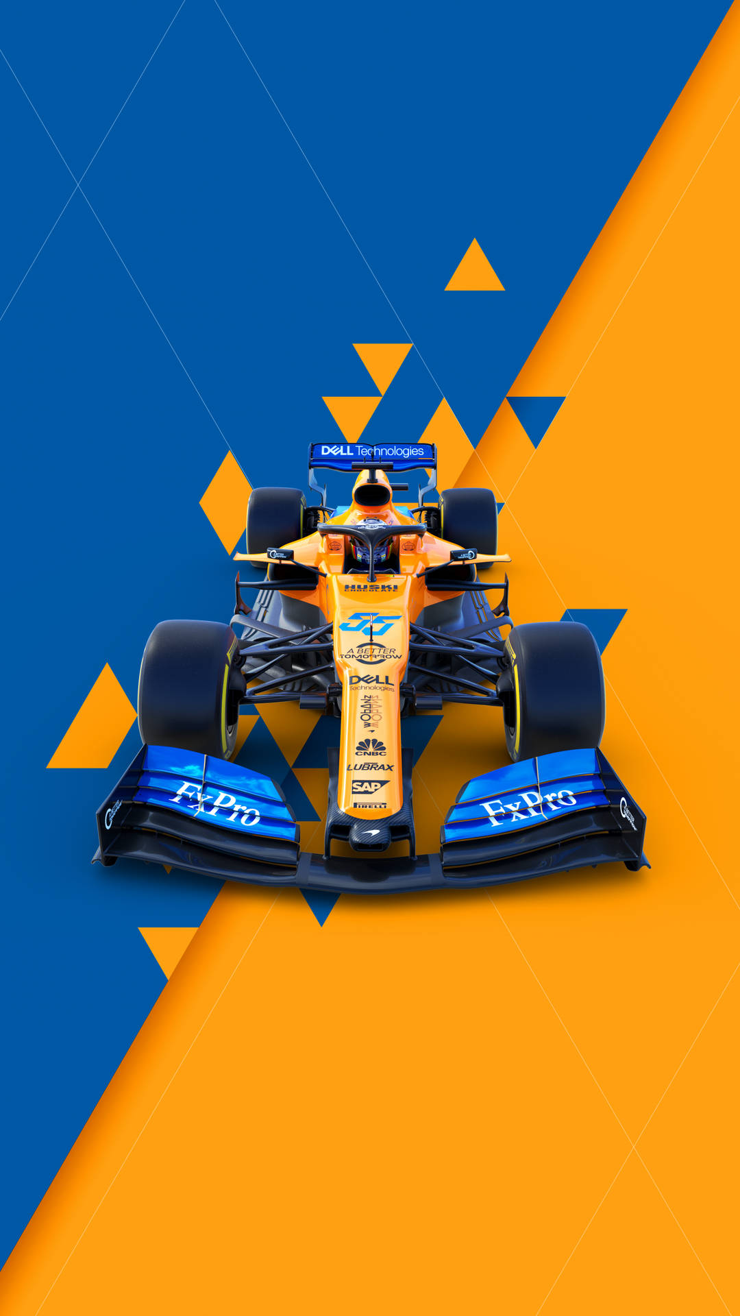 En blå og orange løbende bil på en blå og gul baggrund. Wallpaper