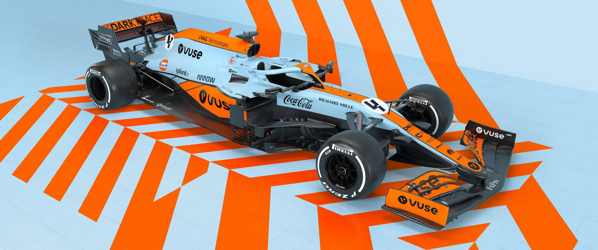 En racerbil sidder på et hvidt og oranges baggrund. Wallpaper