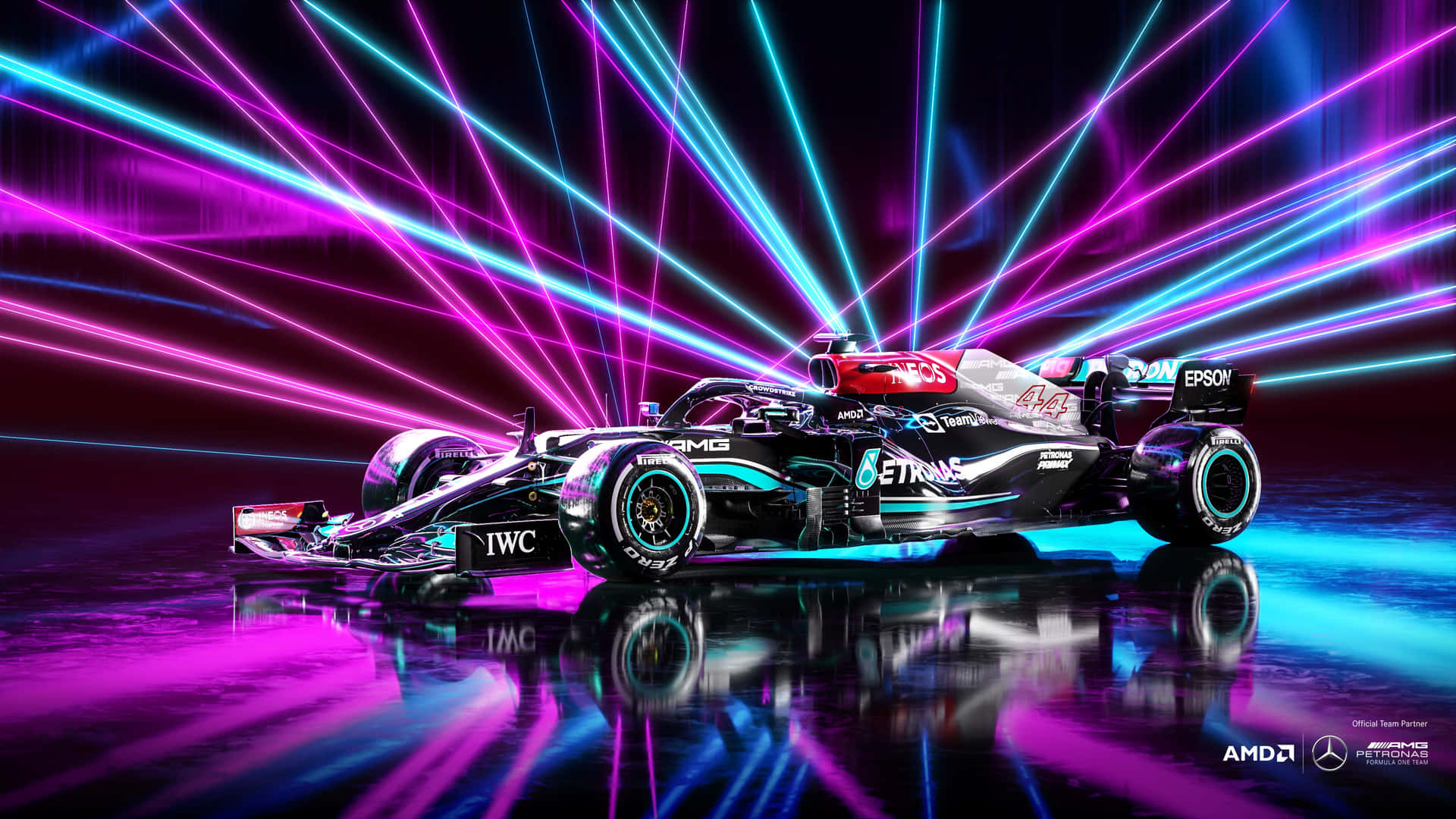A Mercedes F1 Car With Neon Lights In The Background Wallpaper