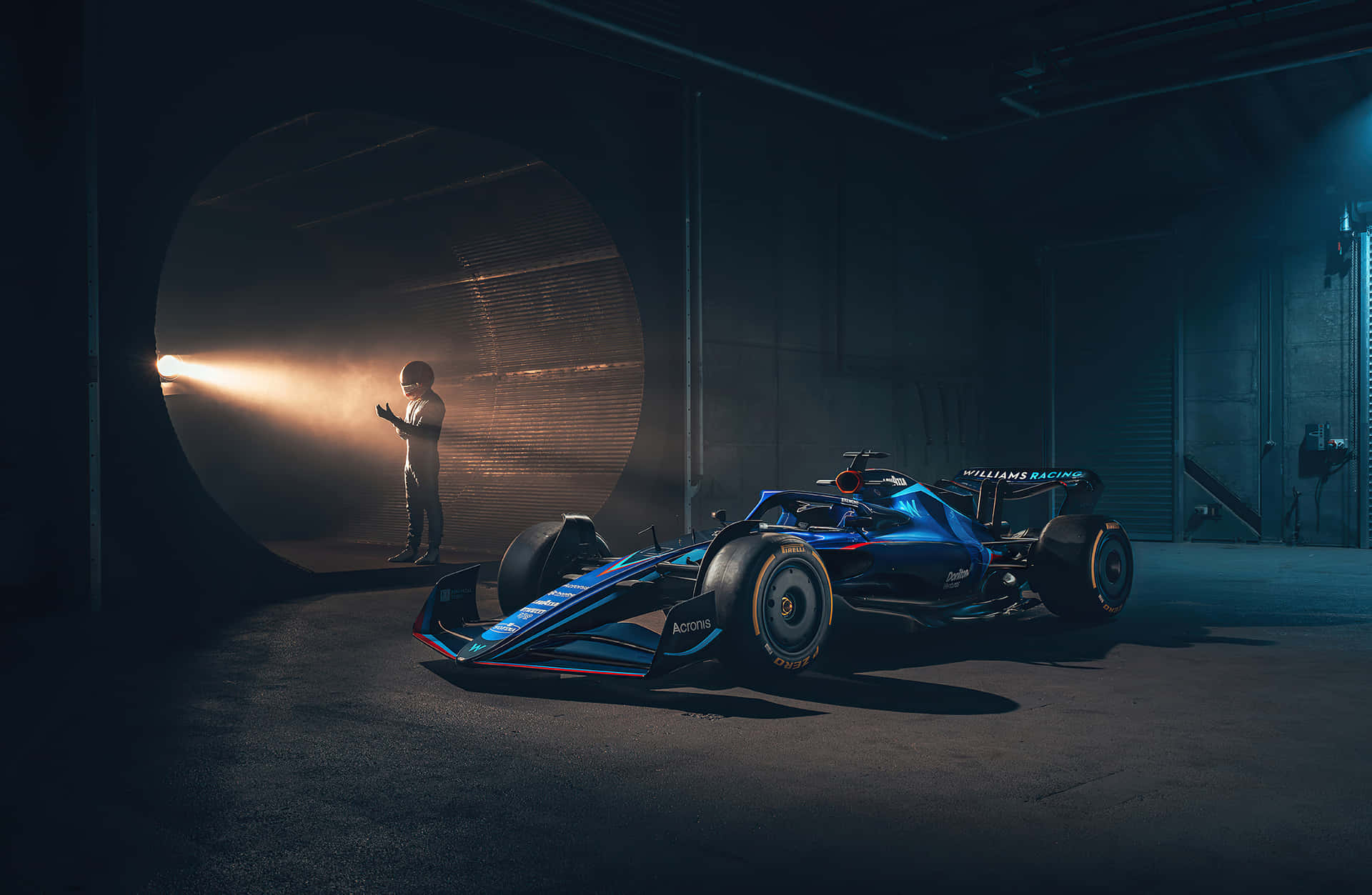 En blå racerbil i en mørk tunnel Wallpaper