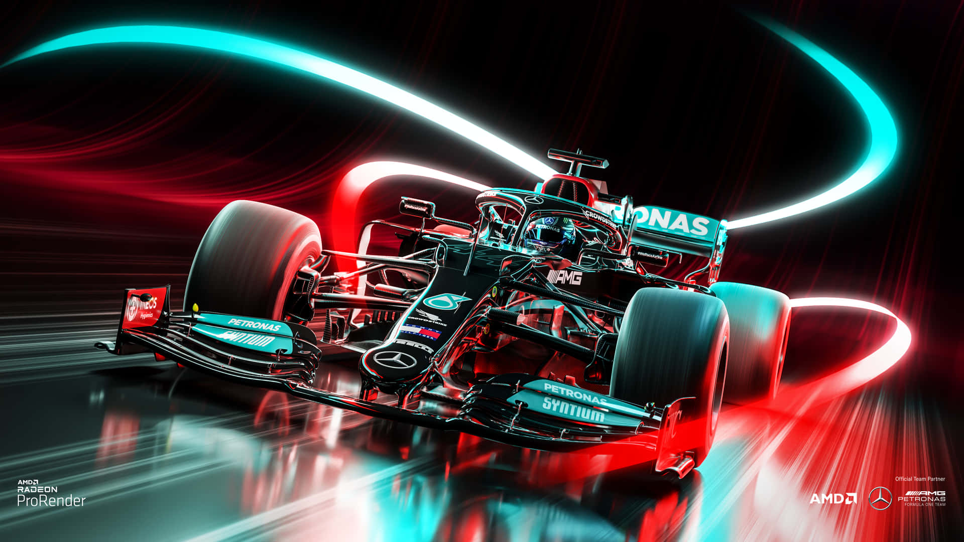 A Mercedes F1 Car Is Driving Through The Night Wallpaper