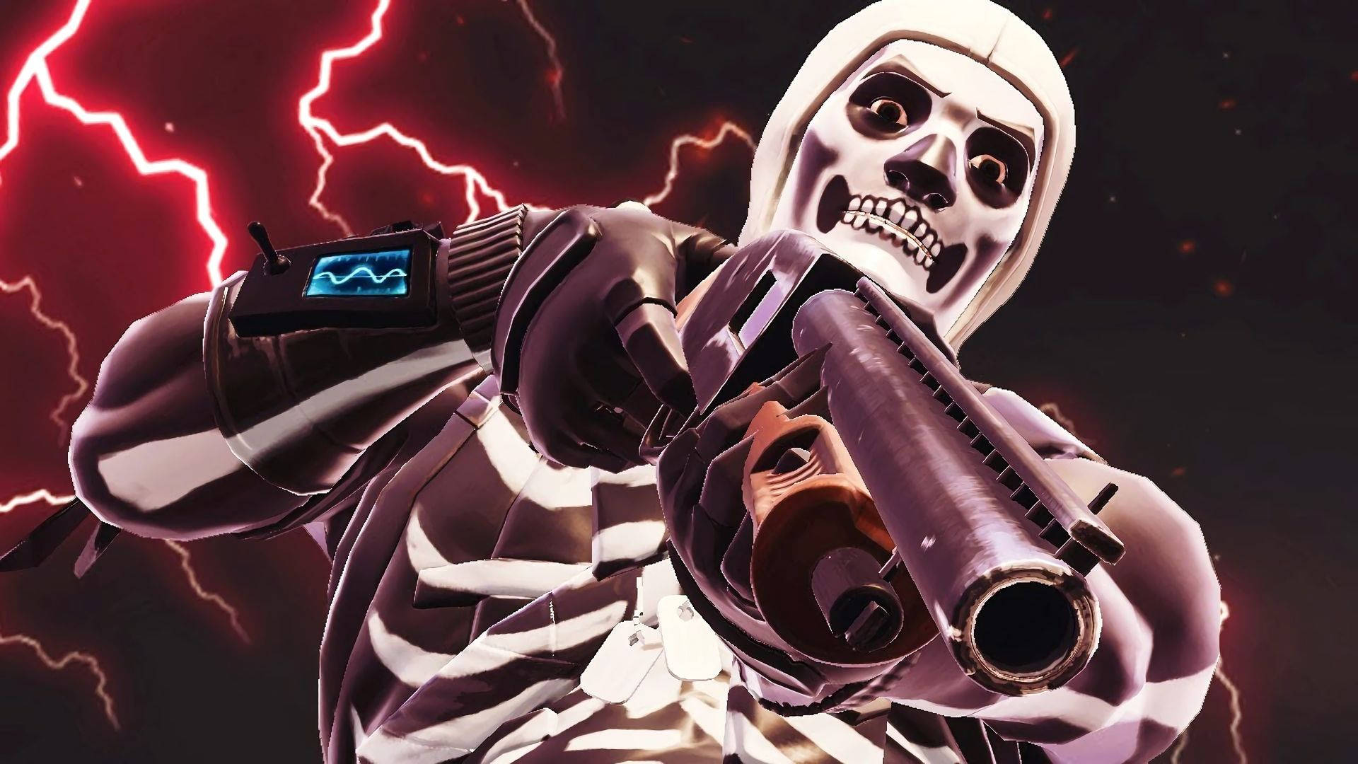 A Skeleton Holding A Gun In Front Of Lightning Wallpaper