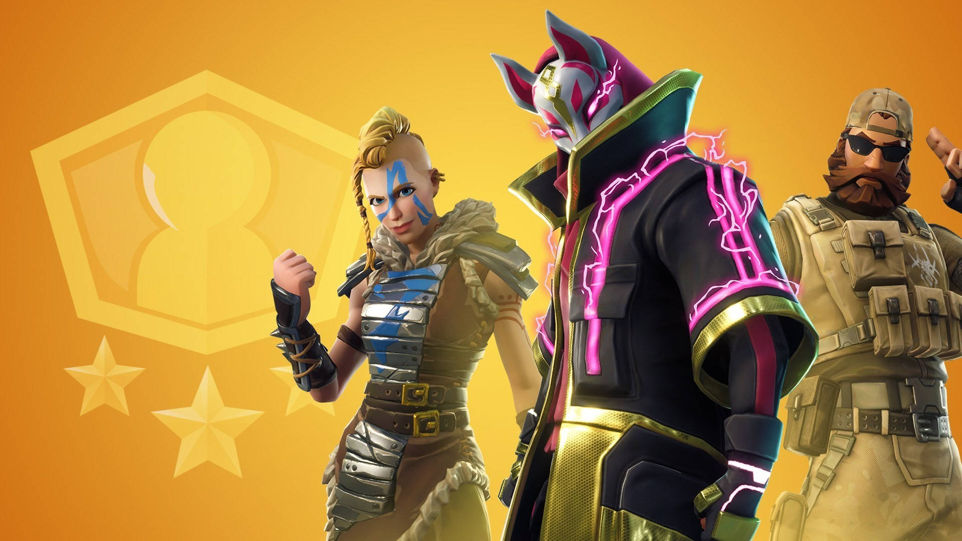 Fortnite - A Group Of Characters Standing In Front Of An Orange Background Wallpaper