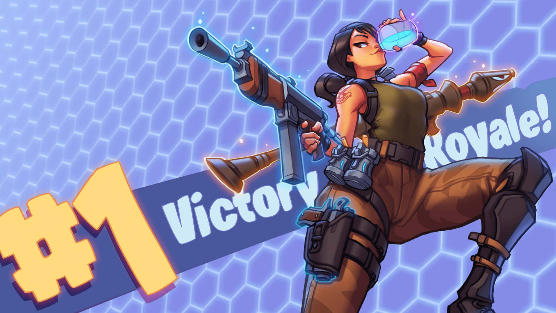 a woman holding a gun with the words victory royale