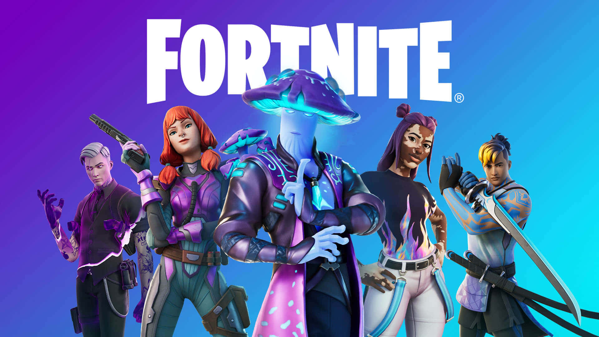 fortnite logo with a group of characters