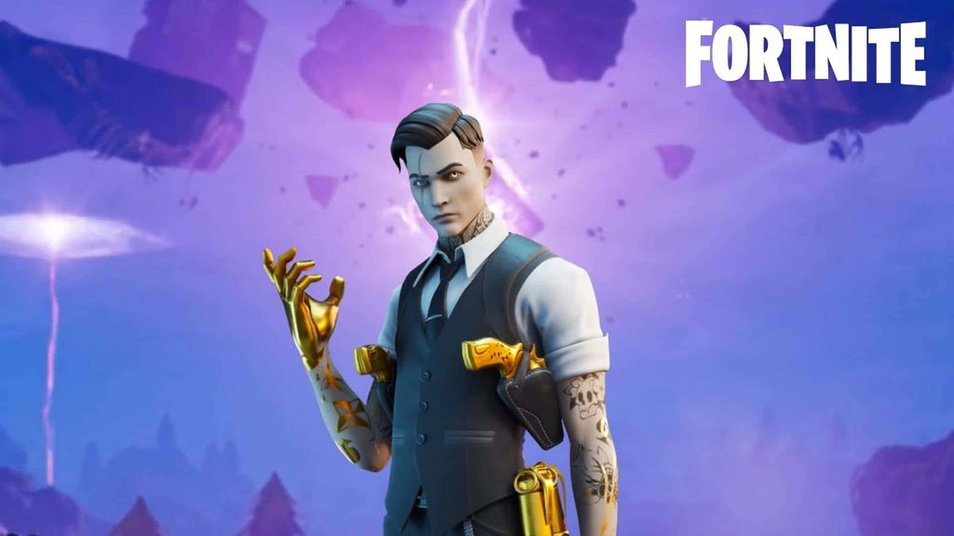 fortnite - a man with a gun in front of a purple sky