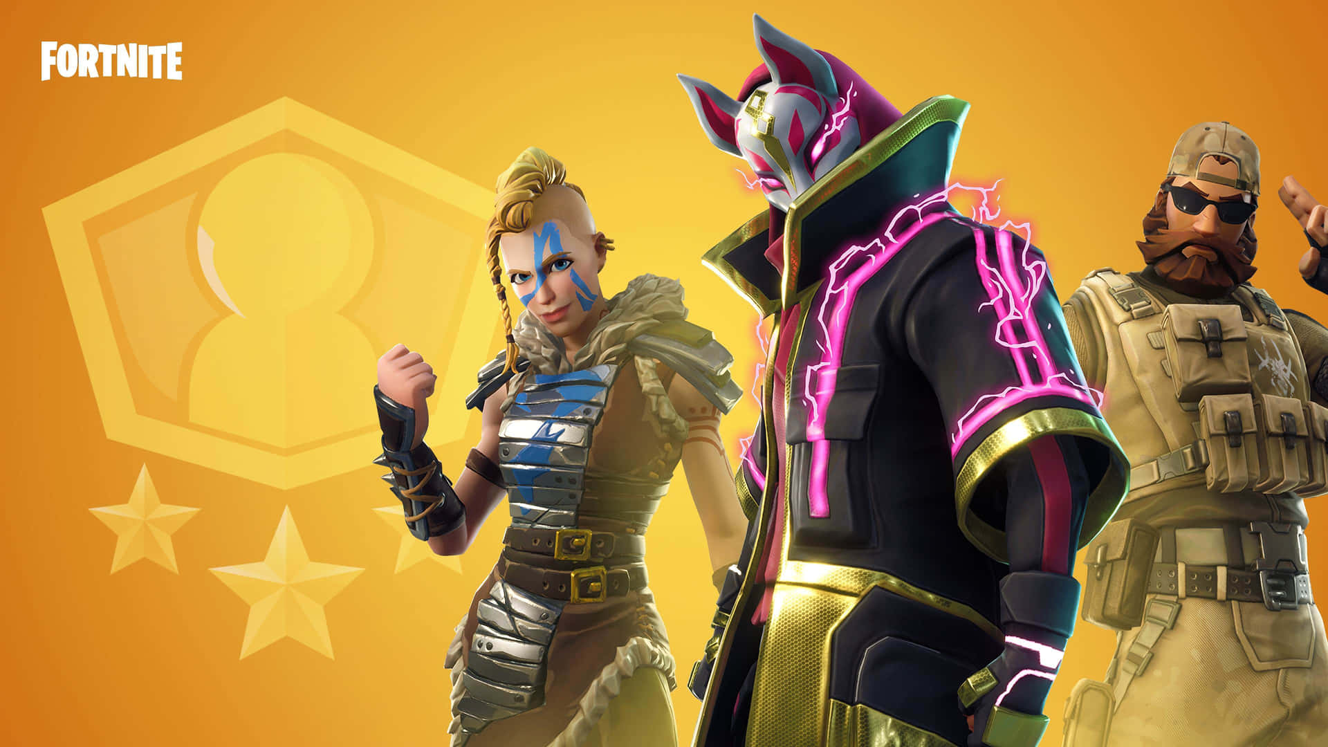 fortnite - a group of characters standing in front of an orange background