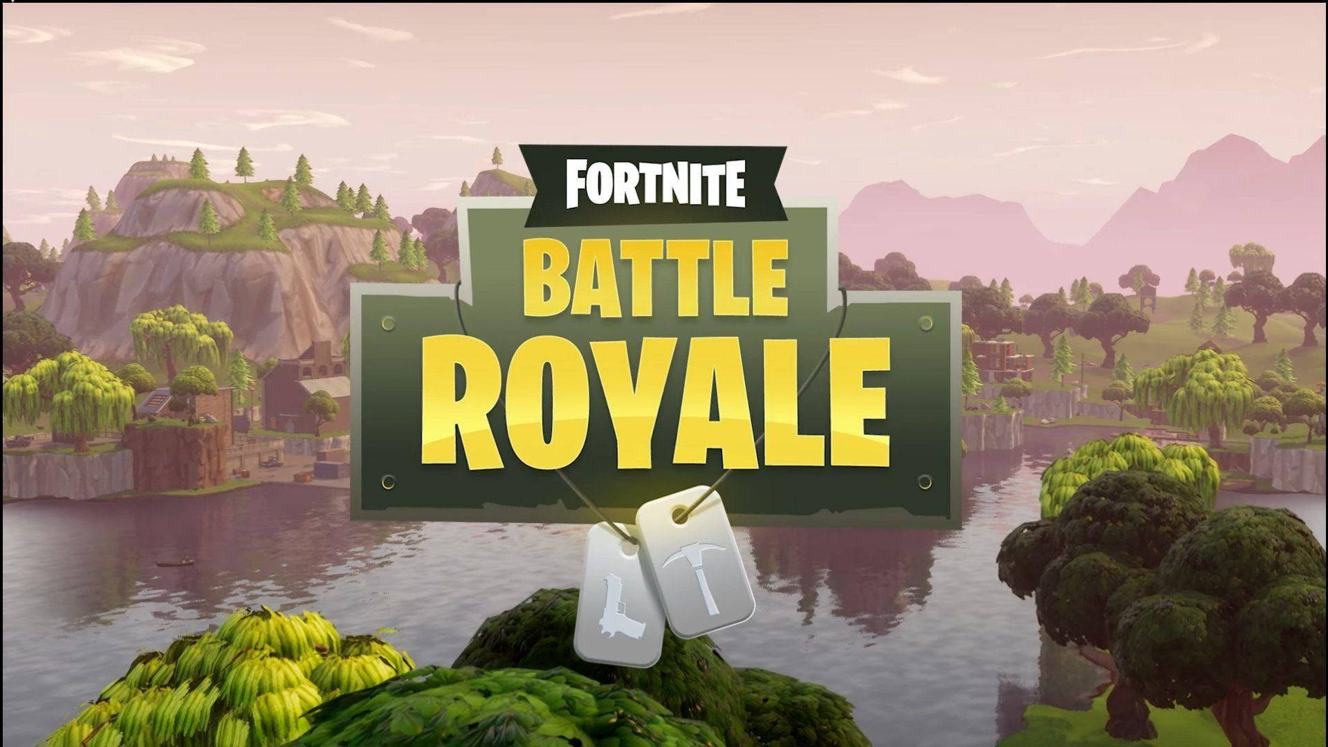 Fortnite Battle Royale game screen with lake and trees HD wallpaper.