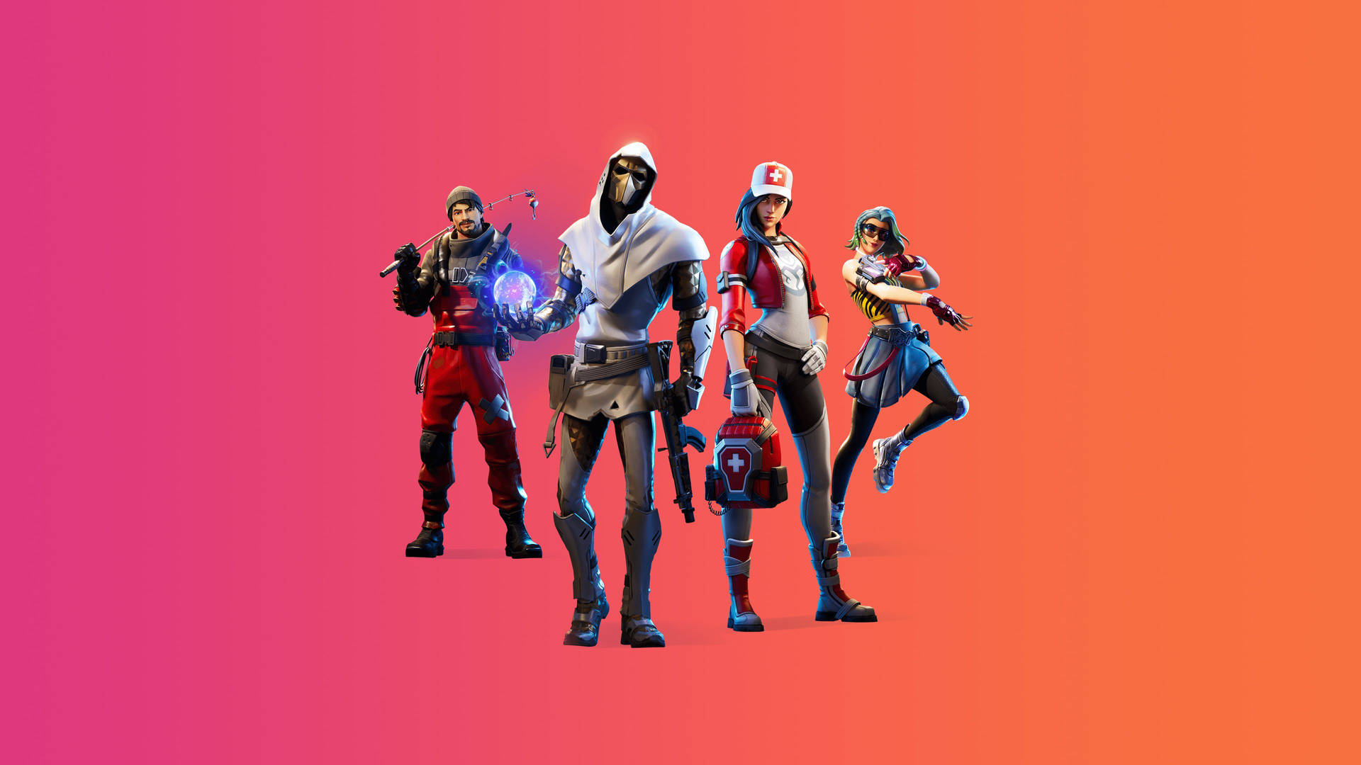 Fortnite - A Group Of People Standing On An Orange Background Wallpaper